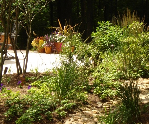 A garden with stone features designed by Dwyer DesignScapes