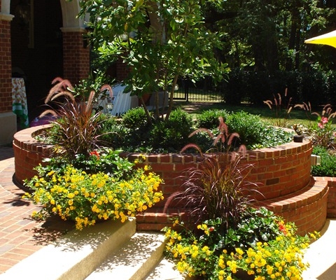 Garden inside an architectural feature with flower pots